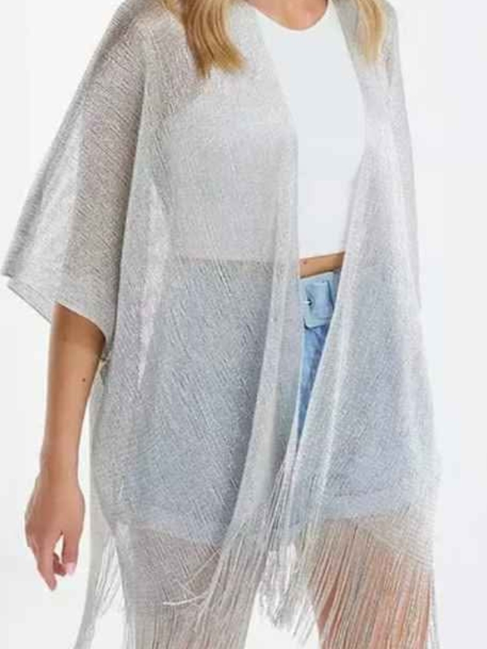 Lightweight Silver Fringe Open-Front Women's Sweater Kimono